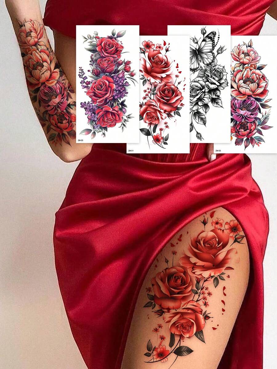 4 قطع ملصقات وشم مؤقتة مقاومة للماء بتصاميم زهور ملونة، وردة أنيقة وجذابة، وتصاميم فراشات، فن الجسم للنساء، مناسبة للذراعين والأكتاف والساقين، للمهرجانات والحفلات والأعراس، هدايا
