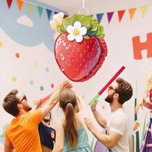 4pcs Strawberry Shaped Piñata Set, Strawberry Theme Piñata Suitable For Birthday Party, Party Decoration, Fun Decoration, Photo Props, Includes Bat And Blindfold, Confetti - Strawberry-shaped Piñata Set - View 1