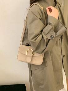 女士翻盖小手提包，时尚皮带扣装饰方形包，单肩斜挎包 - 卡其色 - 查看 3