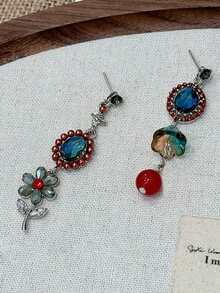 一对复古几何花朵耳环，金属水钻吊坠耳环，多种颜色可选，适合女性日常、派对、节日、度假佩戴，亦可作为节日礼物。 - 彩色 - 查看 5