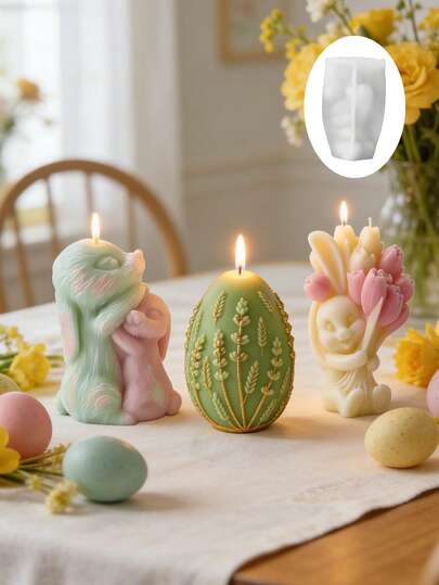 Happy Easter Rabbit Egg Candle Mold, 3D Floral Rabbit Design Aromatherapy Candle Plaster DIY Handmade Mold