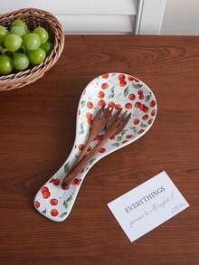 1pc Cherry Ceramic Spoon Rest, Can Hold Soup Spoon And Long Handle Spoon, Kitchen Counter Splash Guard And Spoon Holder, Suitable For Kitchen And Knife Rack, Soup Spoon Brush Kitchen Utensil Storage, Kitchen Dining Tools, Gift Presentation, Holiday Decor - Multicolor - View 2