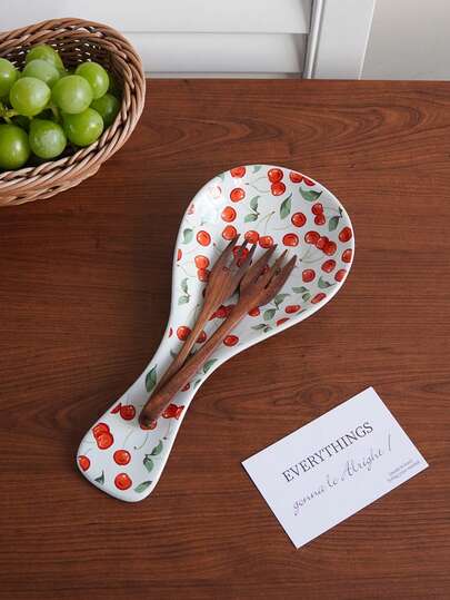 1 pieza Reposadera de cerámica con diseño de cereza, soporte para cucharas de revolver y de mango largo, protector contra salpicaduras en encimera de cocina y bandeja antideslizante para cucharas, adecuado para cocina y estantes para cubiertos, soporte para cucharas de sopa, utensilios de cocina, regalo de presentación, decoraciones festivas