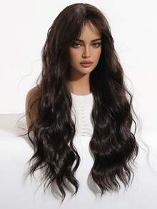 26 Inch Natural Long Brown Loose Wave Wig With Bangs, High Temperature Fiber Synthetic Wig With Adjustable Strap For Beach & Vacation - Brown - View 5