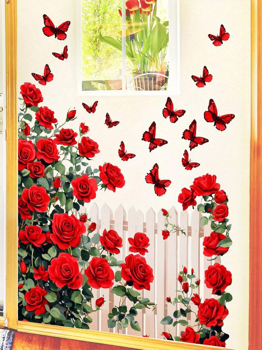 Red Rose Flower Wall Sticker, Butterfly Railing Decal For Valentine's Day Celebration, Wedding Anniversary, Mother's Day Hot Selling Sticker - 1PC - View 1