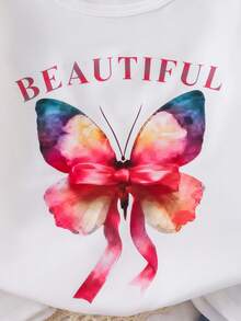 2pcs Baby Girl Set: Bow Letter Print Round Neck Short Sleeve T-Shirt Top And Bow Print Denim Long Pants Outfit - White - View 5