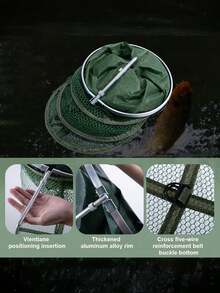 GOTURE 1pc Edge Wrapped Positioning Fish Protection, Foldable Fishing Cage, Versatile Positioning Ground Plug, Aluminum Alloy Thickened Mouth Ring, Cross Five Wire Reinforced Bottom With Hand Buckle, Steel Wire Ring Anti Hanging Fishing Gear Net Pocket - Army Green - View 4