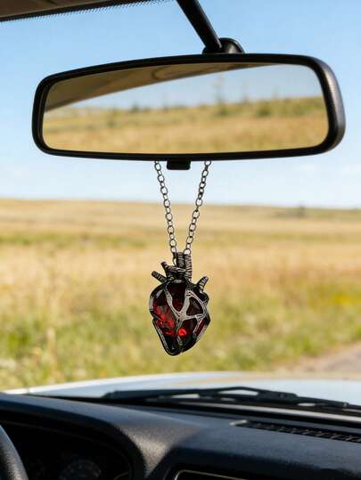 Adorno colgante de coche con forma de corazón anatómico con núcleo de vidrio rojo/azul - Colgante de estilo gótico para parejas, regalo romántico del Día de San Valentín, de doble uso como decoración para el espejo retrovisor y joyería de moda