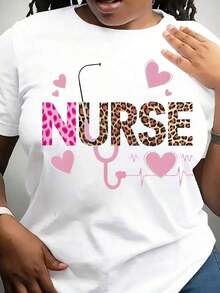 FNI Fusion Women' Plus Size Nurse Graphic T-Shirt - Short Sleeve, Crew Neck, With Stethoscope And Heartbeat Design, - 白色 - View 12