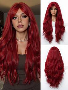 30" Machine Made Bright Red Wig Body Wave Wig, High Temp Fiber Voluminous Wig With Adjustable Stretchy Cap For Cosplay & Festival - Red - View 6