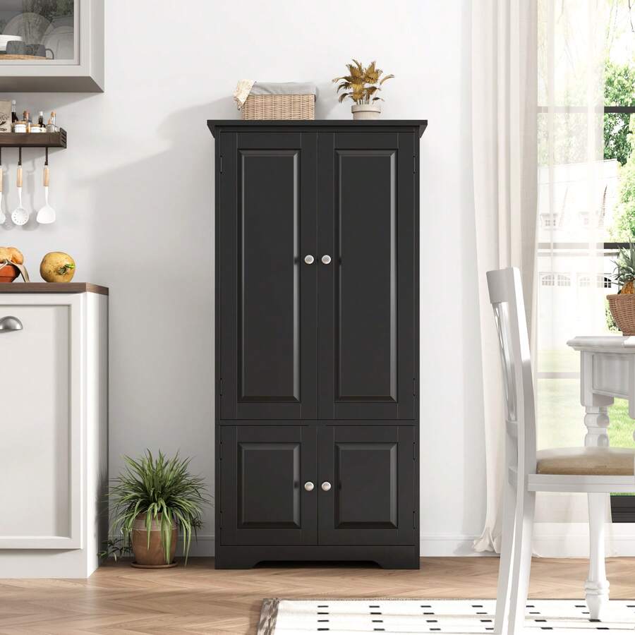 Furchen küchenschrank mehrzweckschrank, Schwarz Wohnzimmerschrank mit 4 Türen und verstellbarem Regal, 59 x 32 x 123 cm - Schwarz - Übersicht 1