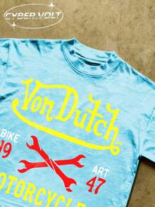 DUTCH Manfinity Y2K Style  Print (180g Pure Cotton T-Shirt) Cotton T-Shirt - Soft And Breathable, Green Print 100% Pure Cotton Fabric - Comfortable And Vibrant Summer Streetwear Short-Sleeved T-Shirt, Cool Motorcycle Design, Vintage Summer Men's Everyday Wear T-Shirt - Màu xanh nhạt - Xem 2