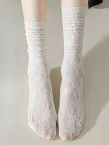 1/3 Pairs Women's Lace Trim Thin Summer Socks, White Breathable Mesh Hollow Out Crew Socks - Multicolor - View 5