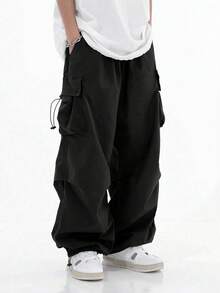 Plus Size Men's Cargo Wide Leg Pants, Multi-Pocket Functional Loose Tapered Streetwear Casual Trousers - Black - View 1
