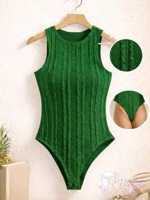 Women's Ribbed Sleeveless Bodysuit With Round Neck, Perfect Fit, Casual, Knitted Cable Knit, Vacation, Beach - Cờ Xanh - Xem 1
