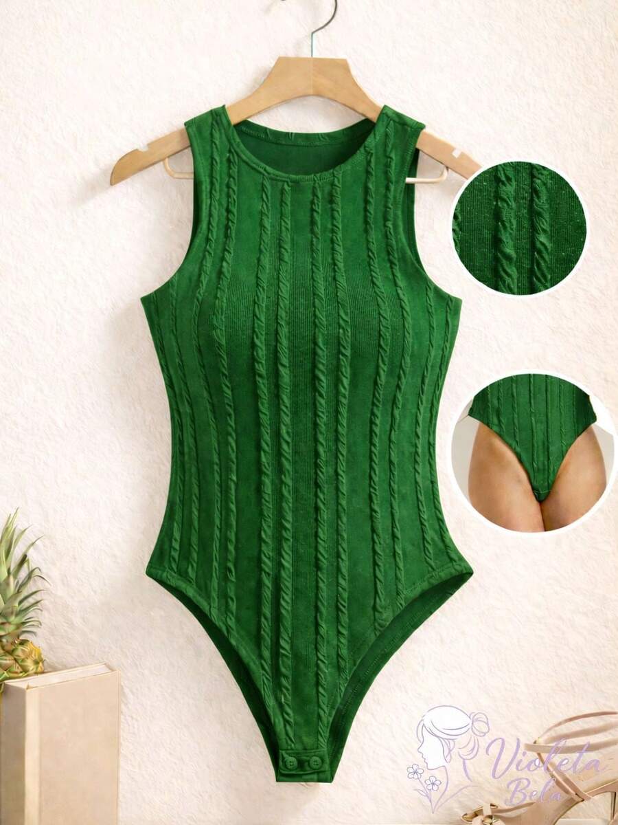 Women's Ribbed Sleeveless Bodysuit With Round Neck, Perfect Fit, Casual, Knitted Cable Knit, Vacation, Beach - Cờ Xanh - Xem 1