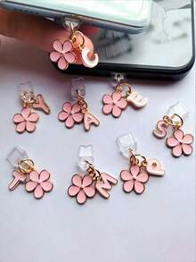 Fleur de Sakura rose en alliage de silicone 2-en-1 Fleur de Sakura rose + 26 lettres Bouchon anti-poussière pour port de charge de téléphone, pendentif en alliage exquis, doux et mignon pour accessoire de mode, décoration pour port de charge de smartphone, tablette, écouteur, Kindle, bouchon anti-poussière et anti-humidité transparent en silicone, convient comme petit cadeau, étanche, compatible avec les séries de téléphones Lightning/Type-C et autres Android/Apple 17/16/15, cadeau d'anniversaire de printemps - Rose bonbon - Voir 2