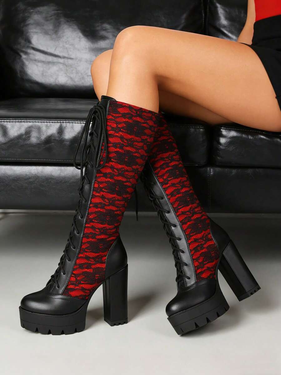 Punk Women's Knee High Boots Gothic Lace Platform Heel Chunky Heel Lace Up Boots Fashion Y2K High Heel Motorcycle Boots - 紅色 - 查看 1