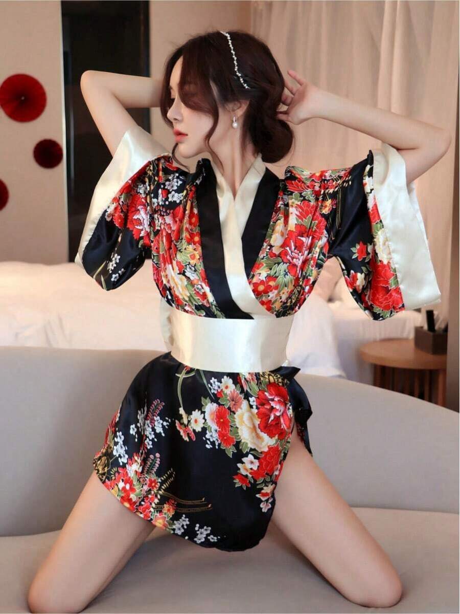Women Cosplay Kimono Robe, Japanese Sexy Lingerie, Floral Print Boudoir Bathrobe, Off Shoulder Seductive Nightgown - [Màu đỏ] - Xem 1