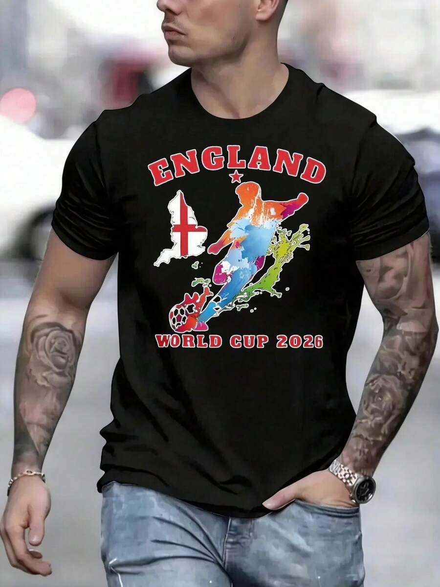 T-Shirts With Round Neck Printing Can Be Worn By Both Men And Women. England World Cup 2026 Football T-Shirt Men's Black Soccer Jersey England Flag Map Design Graphic Tee For Fans Sports WearSuitable For Christmas Partysports Activitiesholiday Partiesoutingssports And Other Holiday Gifts (220g). - 黑色 - 查看 1