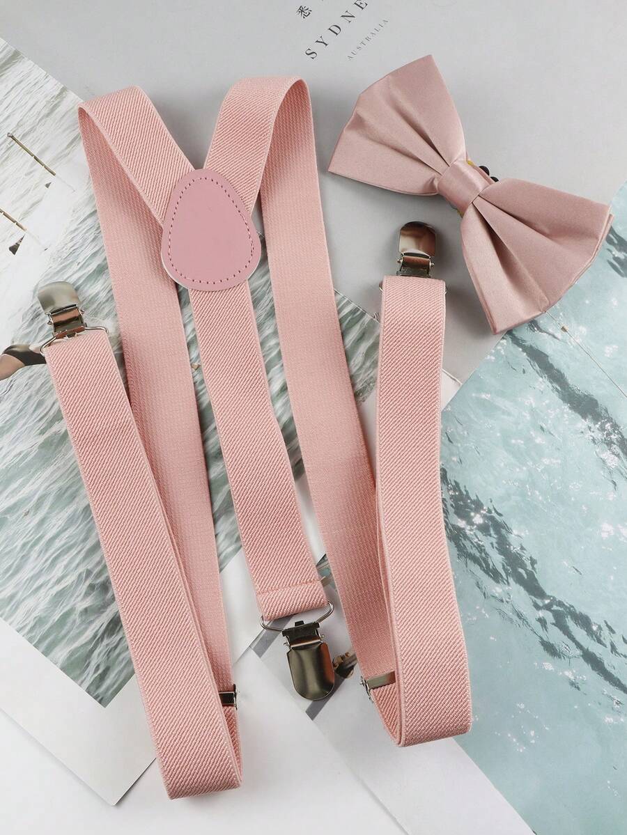 ZONFAZ Set 2 Buah Suspender Poliester Warna Polos Modis dan Dapat Diatur untuk Pria & Dasi Kupu-Kupu Poliester Bergaya, Cocok untuk Pernikahan, Upacara, dan Pemakaian Sehari-hari - Watermelon Pink - View 1