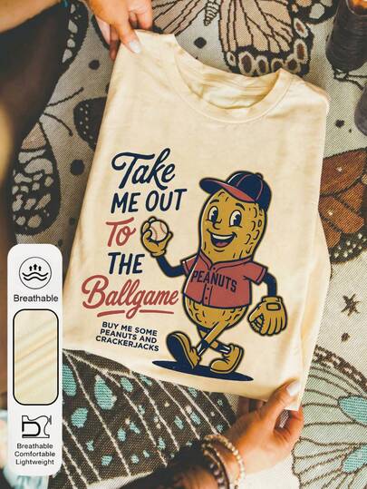 Tricou de vară pentru femei, cu guler rotund, mâneci scurte, stil casual, cu imprimeu retro pentru mascota de baseball, culoare caisă, plus size