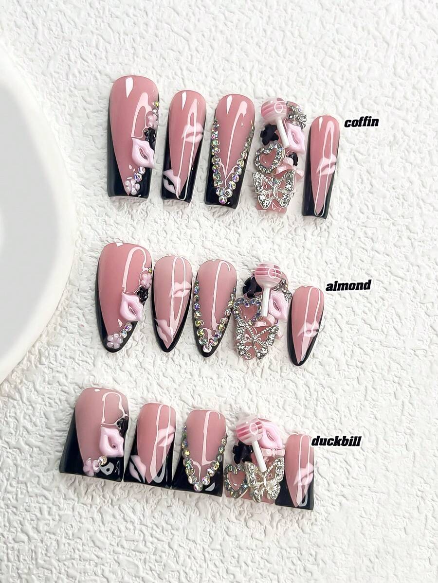 10Pcs Passionate And Free-Spirited Polygel Nail Set,Acrylic Press-On Nails,Pink 3D Lips, Lollipop, Camellia Nail Art Accessories,Silver Butterfly, Openwork Heart,Black Camellia,Pink Lip Print Nail Art Decoration, Black French Manicure With Decorative Edges,Transparent Round Diamonds,Comes With Nail Tools(1 Sheets Jelly Stickers+1PC Nail File)3 Sizes Available,Almond Nails, Duck Nails,Coffin Nails,Suitable For Daily, Reunion,Party,Photograph,Play,Spring Summer,Commute Supplies Nails,Great Gift For Ladies And Girls Press On Nails - 彩色 - 查看 1