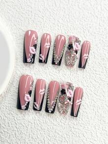 10Pcs Passionate And Free-Spirited Polygel Nail Set,Acrylic Press-On Nails,Pink 3D Lips, Lollipop, Camellia Nail Art Accessories,Silver Butterfly, Openwork Heart,Black Camellia,Pink Lip Print Nail Art Decoration, Black French Manicure With Decorative Edges,Transparent Round Diamonds,Comes With Nail Tools(1 Sheets Jelly Stickers+1PC Nail File)3 Sizes Available,Almond Nails, Duck Nails,Coffin Nails,Suitable For Daily, Reunion,Party,Photograph,Play,Spring Summer,Commute Supplies Nails,Great Gift For Ladies And Girls Press On Nails - 彩色 - 查看 17