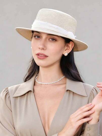 1顶女士手工珍珠网纱编织草帽，新款韩版时尚平沿遮阳帽，夏季户外沙滩旅行防晒防风帽，适合日常佩戴