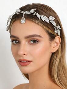 1pc Women's Sparkling Crystal Rhinestone Tassel Leaf Headband, Sweet Princess Style Bridal Hair Accessory, High-End Wedding Headpiece - Silver - View 1