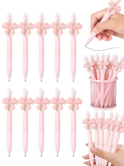 10PCS Cute Pink Bowknot Retractable Ballpoint Pens, 0.5mm Black Ink Smooth Writing Plastic Pens, Stationery For School Office Supplies, Student Girls Daily Writing, Birthday Wedding Bridal Shower Graduation Party Gift Decor