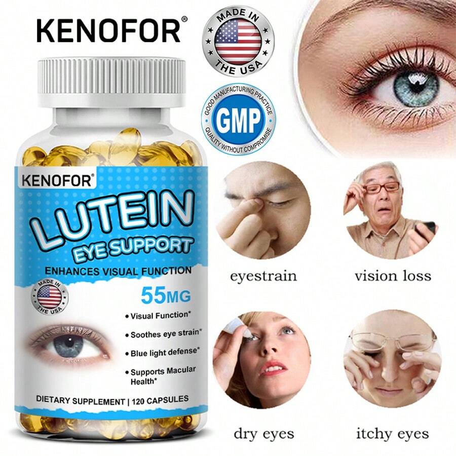 Kenofor 30mg Lutein Supplement Capsules - Contains Translutein, L-Taurine, Grape Seed Extract - Relieves Eye Fatigue - Promotes Clear Vision - Natural Ingredients - 120 Capsules - 1瓶 - 查看 1