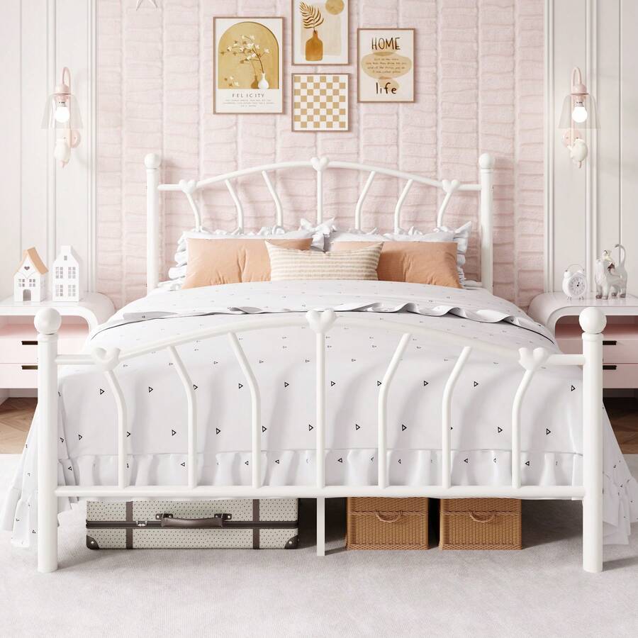 Allewie 14 Inch Twin/Full/Queen/King Size Metal Platform Bed Frame With Heart-Shaped Headboard And Footboard/Iron-Art Mattress Foundation/Under Bed Storage/No Box Spring Needed/Easy Assembly/Noise-Free/White - trắng - Xem 1