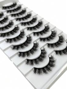 新款10对装假睫毛，柔软蓬松3D水貂毛假睫毛，浓密手工水貂毛假睫毛，自然逼真假睫毛 - 黑色 - 查看 4
