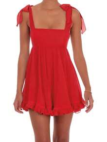 Women Y2k Cute Babydoll Mini Dress Corset Lace Patchwork Sleeveless Ruffled A-Line Flowy Short Dress Beach Streetwear - Đỏ - Xem 1