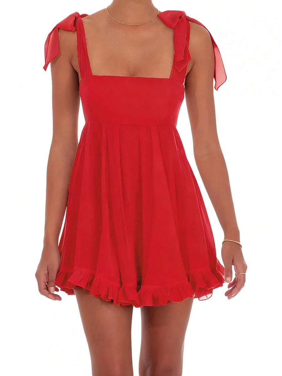 Women Y2k Cute Babydoll Mini Dress Corset Lace Patchwork Sleeveless Ruffled A-Line Flowy Short Dress Beach Streetwear - Đỏ - Xem 1