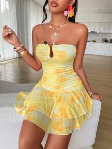 AIJ Amarilo Women's Yellow Tie Dye Sexy Elegant Y2K Ruched Backless Cutout Tiered Ruffle Mini Dress Summer Spring Beach Party Clubwear Festival Season Graduation Season Bodycon Sundress - Yellow - View 1