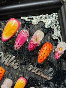 10pcs Handmade Pink Almond Shaped Artificial Nails Set, Includes 4 Sizes Removable And Reusable, Suitable For Holiday, Daily, Party, Gathering And Other Occasions, Comes With Jelly Glue And Nail File - Hot Pink - View 4