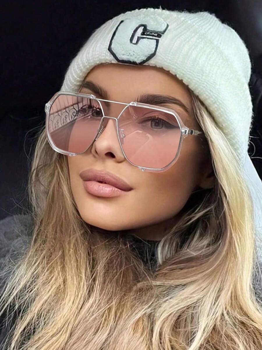 Gradual Pink Women's Fashion Glasses, Spring Retro Pilot Silver Glasses, Y2K Street Glasses Fashion Matching, Summer Beach Travel Vacation Outfits, Autumn And Winter Accessories. - Multicolor - View 1
