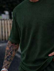 Textured T-Shirt And Shorts Set, 2-Piece Kit, New Release, Premium Fabric - 軍綠色 - 查看 3