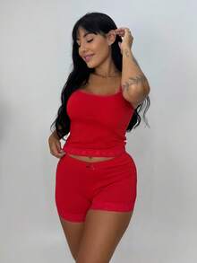 kLARALUH Conjunto Pijama Babyboll Suede Canelado Com Alça Regulavel e Rendinha - Vermelho - Visão 8