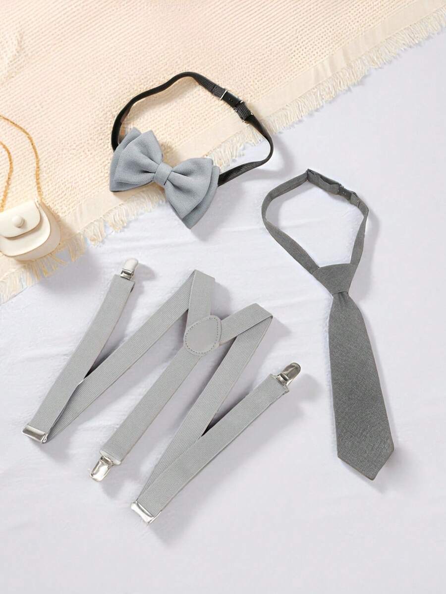 Luobobeibei Bộ 3 món quần yếm, nơ và cà vạt kiểu retro màu trơn cho trẻ em, thoải mái và co giãn, phù hợp cho đám cưới, lễ Phục sinh, biểu diễn sự kiện, tiệc sinh nhật và mặc hàng ngày. - Xám - Xem 1