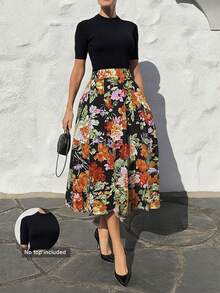 Spring/Summer New Retro Vibrant Floral Pattern Flared Skirt, Elegant Afternoon Tea Garden Or Urban Date Outfit, Flattering & Versatile Women's Skirt Vacation - Black - View 1