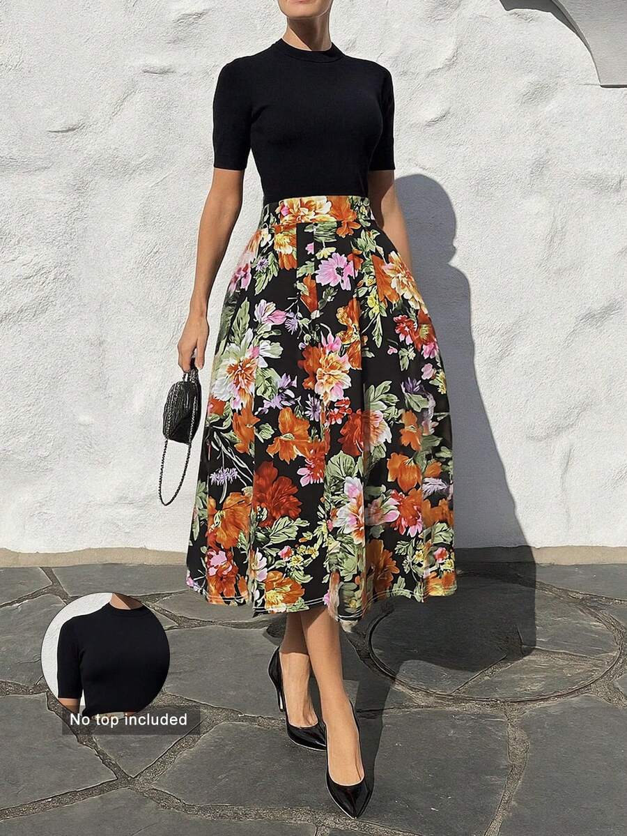 Spring/Summer New Retro Vibrant Floral Pattern Flared Skirt, Elegant Afternoon Tea Garden Or Urban Date Outfit, Flattering & Versatile Women's Skirt Vacation - Black - View 1