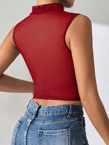 1pc Fashionable Y2K Lace Mesh Fishbone Bustier Crop Top, Sexy Fitted Corset Top For Party, Holiday Gift, Christmas, Valentine's Day, Halloween - Burgundy - View 5