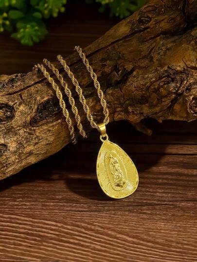 1 pieza Collar con colgante de Virgen de Guadalupe con forma de gota de agua, estilo vintage, enchapado en oro de 18K para hombres. Colgante de Virgen María con relieve enchapado en oro, joyería exquisita para hombres, adecuada para eventos religiosos y atuendo de negocios diario.