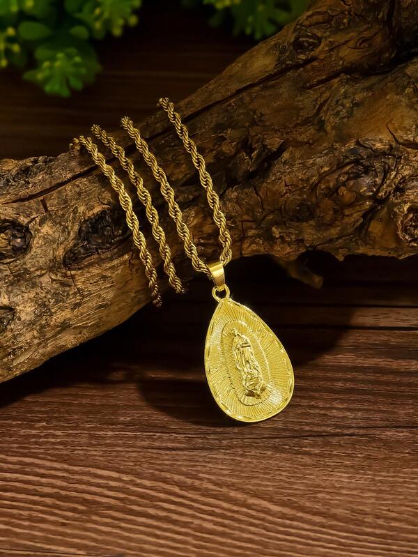 1件男士18K镀金复古水滴形瓜达卢佩圣母玛利亚吊坠项链，镀金圣母玛利亚浮雕吊坠，精致男士珠宝，适合宗教活动和日常商务着装