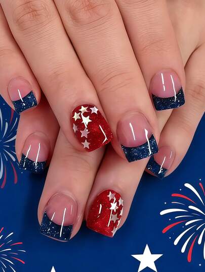 24pcs Short Square Pressed Nail Stickers, Elegant & Fashionable Classic Nude Pink, Navy Blue, French Silver, Vintage Burgundy, Solid Silver, Silver Glitter Fake Nails, Full Coverage Nail Stickers Suitable For Women & Girls, Comes With 1 Glue Sticker & 1 Mini File Randomly Shipped