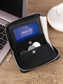 HOVI'S Retro Minimalist Creative Zipper Short Wallet, Fashion Business Commute Portable Lightweight Multi-Functional Multi-Card Slot Coin Purse Unisex - Black - View 7