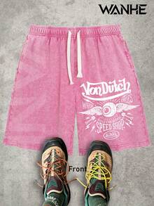 WANHE Men's Washed Shorts / Unisex Style, Couples' Matching Outfit - Ideal Gift For 2026 New Year, Valentine's Day, Romantic Outfits, St. Patrick's Day, Black History Month, Back-To-School Season And Easter-Van Dutch Motor Cycles Speed Shop Printed Washed Shorts For Men Streetwear Casual Summer Outfit  Graphic Design Comfortable Fit Urban Lifestyle Fashion - 玫紅色 - 查看 1